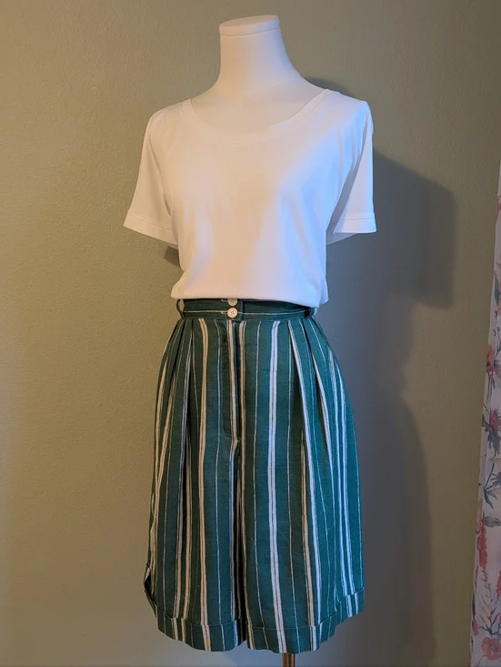 Vintage 80’s High Waist Walking Shorts Jorts 100% Linen Striped Green Ivory 12 - Picture 8 of 12